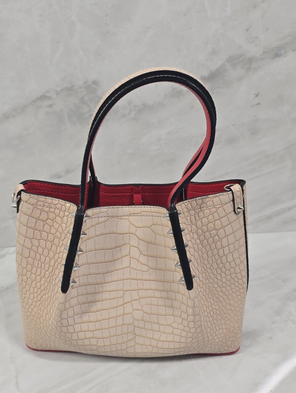 Christian Louboutin Cabarock Beige Croc-Embossed Tote with Red Trim - NWOT - Picture 5 of 10